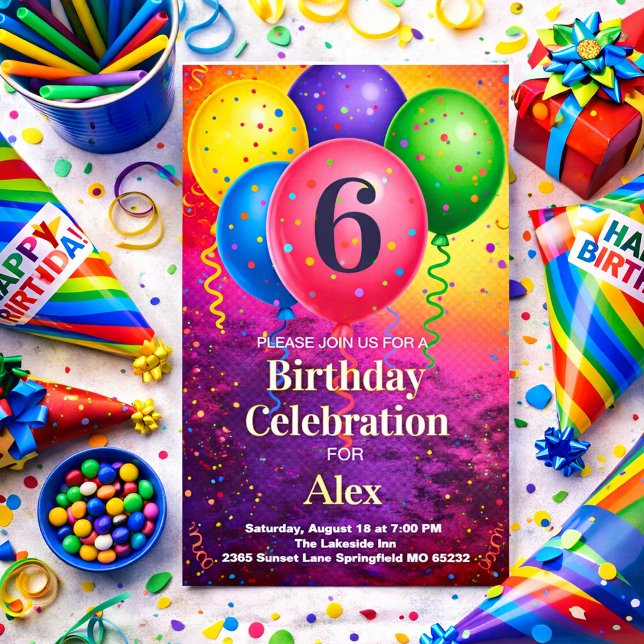 Invitación Rainbow Birthday Balloon Confetti Party (Subido por el creador)