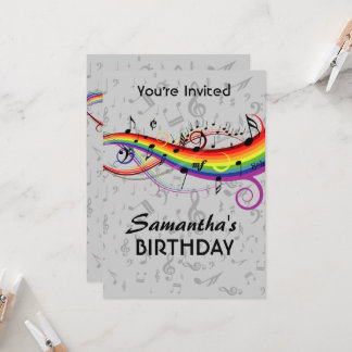 Invitación Rainbow Blck Music Notes Birday Party