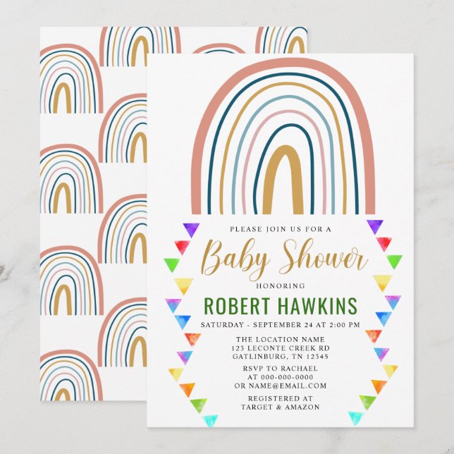Invitación Rainbow Boho Watercolor Baby Shower (Anverso / Reverso)
