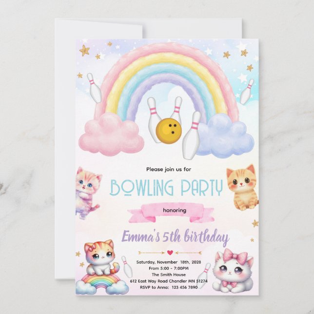 Invitación Rainbow bowling cat party invitation (Anverso)