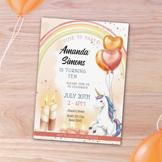 Invitación Rainbow Candle Unicorn Heart Girl 10th Birthday (Subido por el creador)