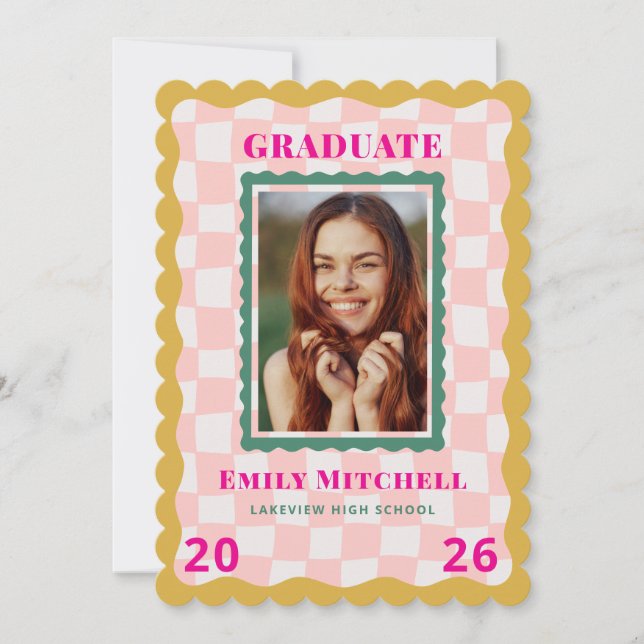 Invitación Rainbow Checkered Grad Announcement with Photo (Anverso)