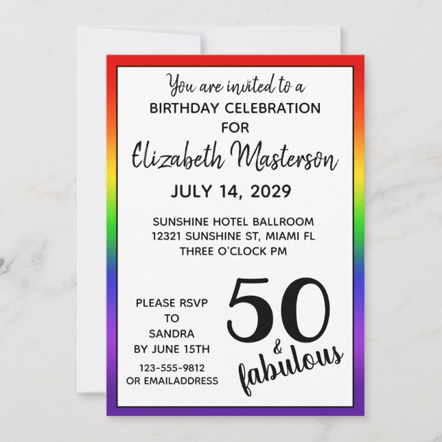 Invitación Rainbow Cincuenta y fabulosa fiesta de cumpleaños  (Anverso)