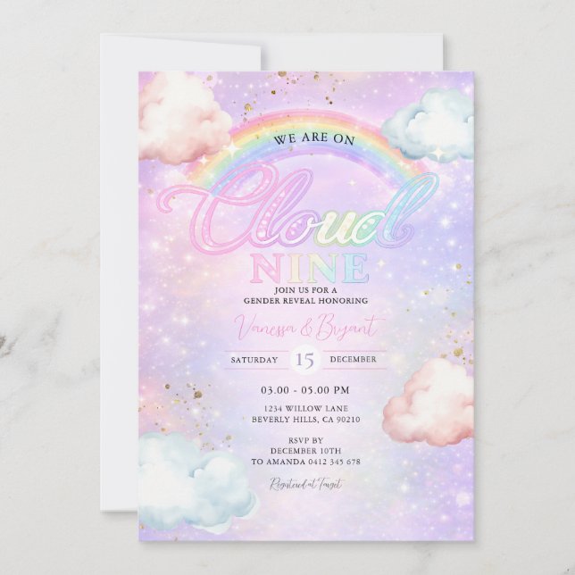 Invitación Rainbow Cloud Galaxy Glitter Gender Reveal  (Anverso)