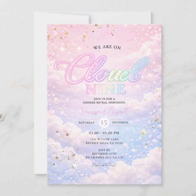Invitación Rainbow Cloud Nine Sky Glitter Gender Reveal  (Anverso)