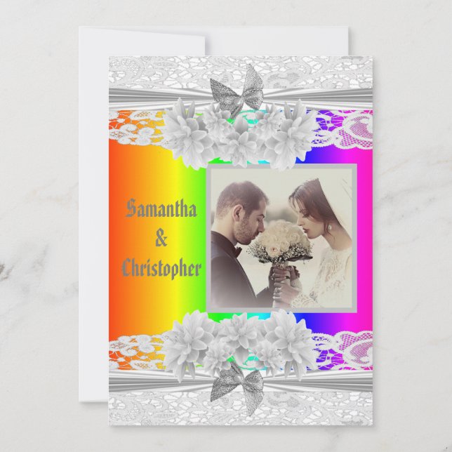 Invitación Rainbow coloured lace wedding photo invitation (Reverso)