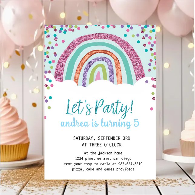 Invitación Rainbow Confetti Girl 5th Birthday Party  (Subido por el creador)