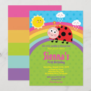 Invitación Rainbow Cute Ladybug Primer Chica Fiesta de cumple