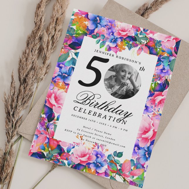 Invitación Rainbow Floral Garden Photo 50th Birthday Party (Rainbow Floral Garden Photo 50th Birthday Party Invitation)