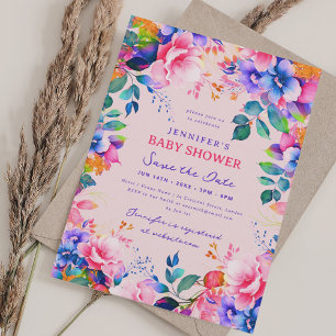 Invitación Rainbow Garden Floral Baby Shower Save Date Blush