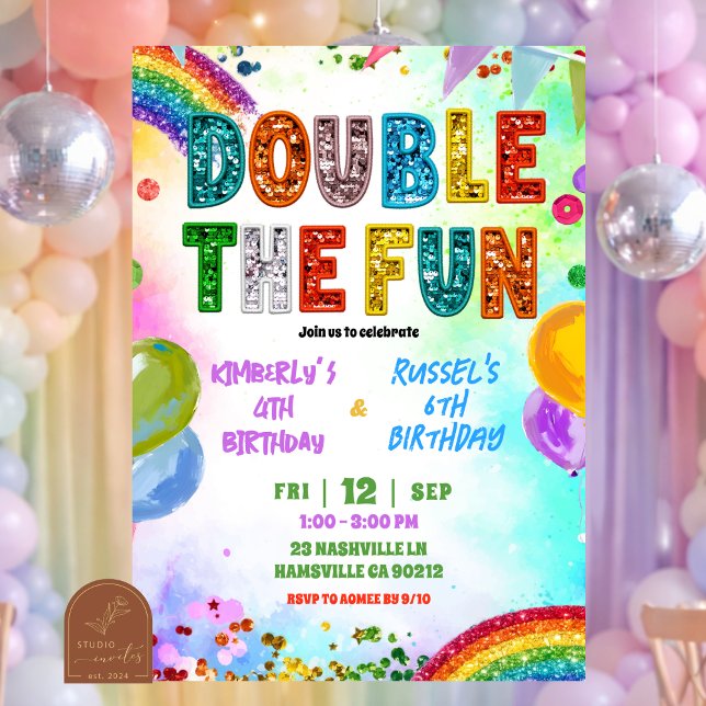 Invitación Rainbow Glitter Sequin Sibling Birthday Invitation (Subido por el creador)
