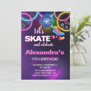 Invitación rainbow glow roller sking disco fiesta cumpleaños