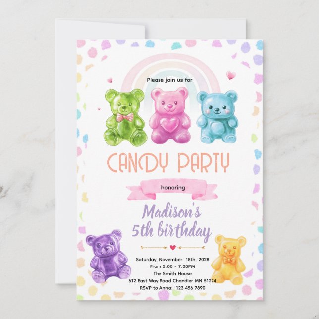 Invitación Rainbow Gummy Bear candy Invitation (Anverso)