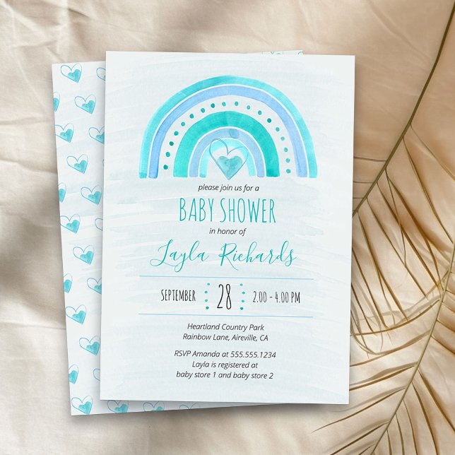 Invitación Rainbow Heart Watercolor Wash Blue Baby Shower (Blue Rainbow boy baby shower  invitation)