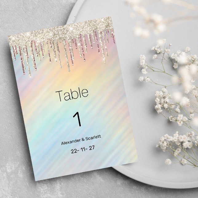 Invitación Rainbow holographic gold glitter drip Table Number (Rainbow holographic gold glitter drip Table Numbers)