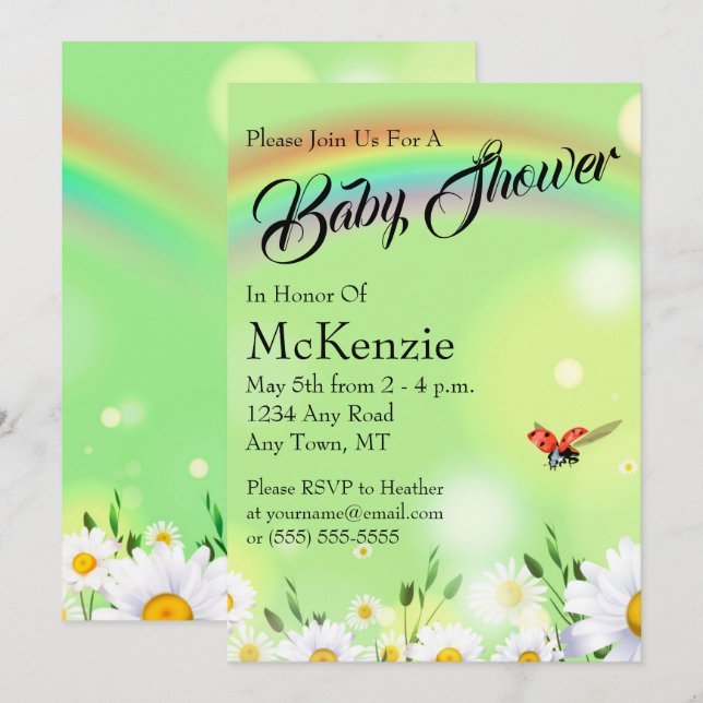 Invitación Rainbow Ladybug Daisies Floral Baby Shower (Anverso / Reverso)