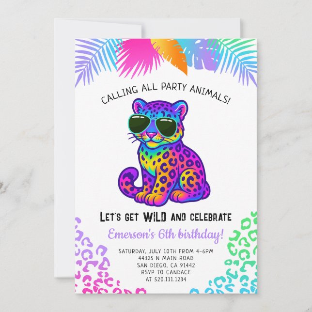 Invitación Rainbow Leopard Party Animals Birthday Invitation (Anverso)