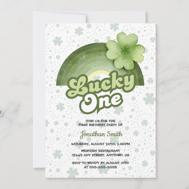Invitación Rainbow Lucky One Green Clover Kids Birday (Anverso)