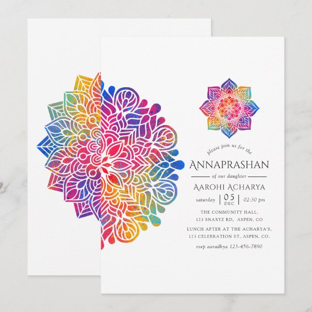 Invitación Rainbow Mandala Annaprashan Primera Ceremonia de A (Anverso / Reverso)