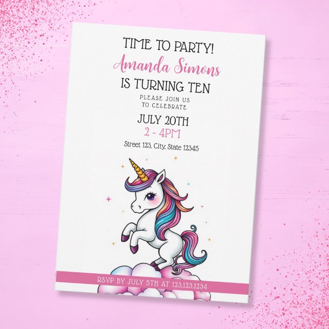 Invitación Rainbow Mane Sparkle Unicorn Girl 10th Birthday (Subido por el creador)