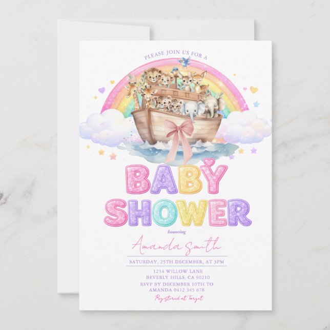 Invitación Rainbow Noah’s Ark Baby Shower Glitter Invitation (Anverso)