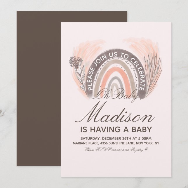 Invitación Rainbow Pampas Doodle Bohemian Baby Shower (Anverso / Reverso)