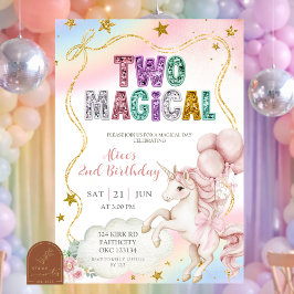 Invitación Rainbow Pastel Unicorn Two Magical 2nd birthday In
