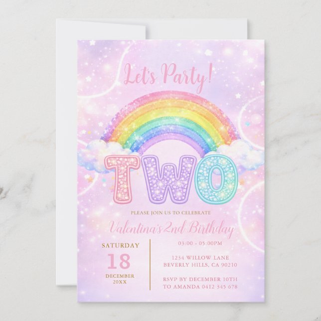 Invitación Rainbow Pink Purple Glitter Second Birthday Party (Anverso)