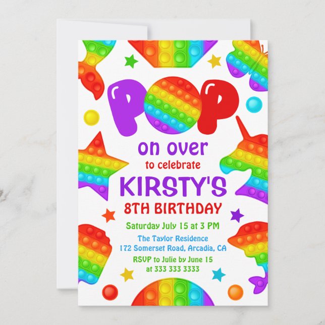 Invitación Rainbow Pop It Fidget Toy Birday Party Chica (Anverso)