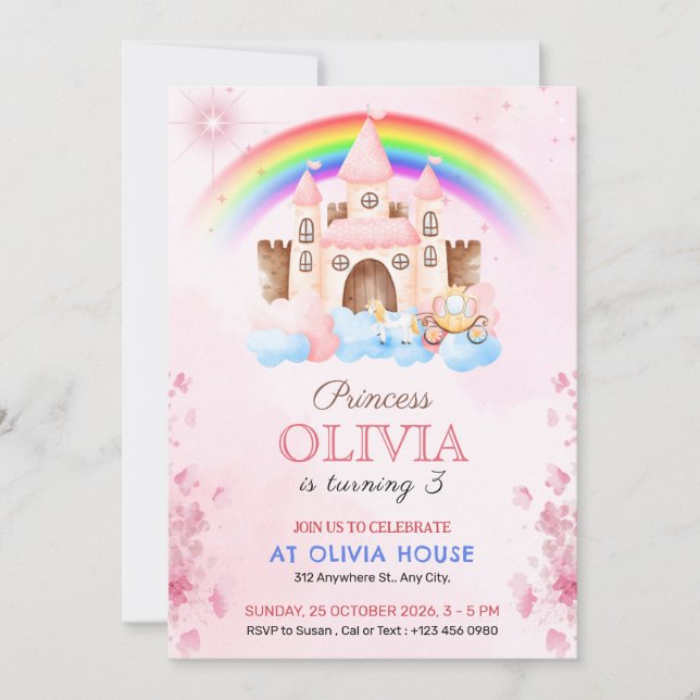 Invitación Rainbow Princess Castle Birthday Party Invitation (Anverso)