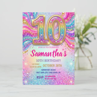 Invitación Rainbow Sparkle Glitter 10th Birthday Party