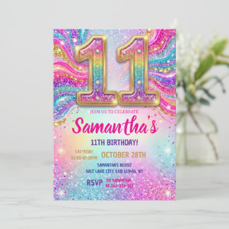 Invitación Rainbow Sparkle Glitter 11th Birthday Party 