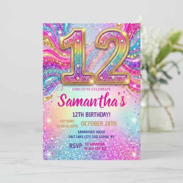 Invitación Rainbow Sparkle Glitter 12th Birthday Party (Anverso de pie)