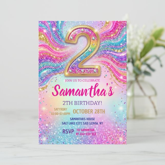Invitación Rainbow Sparkle Glitter 2th Birthday Party (Anverso de pie)
