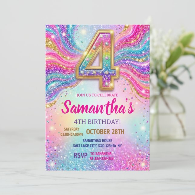Invitación Rainbow Sparkle Glitter 4th Birthday Party (Anverso de pie)