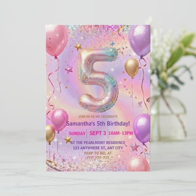 Invitación Rainbow Sparkle Glitter 5th Birthday Party (Anverso de pie)