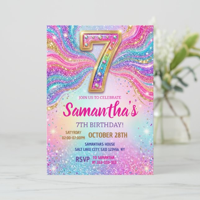 Invitación Rainbow Sparkle Glitter 7th Birthday Party (Anverso de pie)