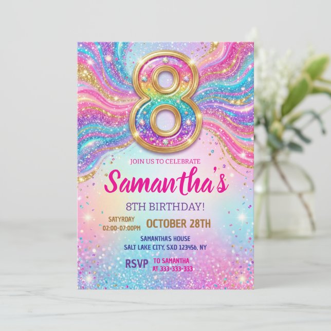 Invitación Rainbow Sparkle Glitter 8th Birthday Party (Anverso de pie)