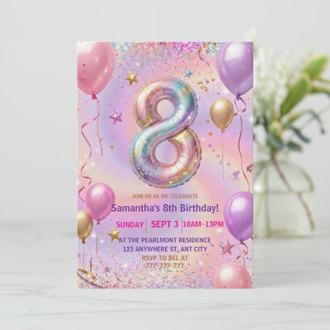 Invitación Rainbow Sparkle Glitter 8th Birthday Party (Anverso de pie)