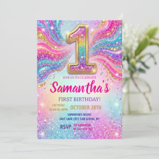 Invitación Rainbow Sparkle Glitter First Birthday Party
