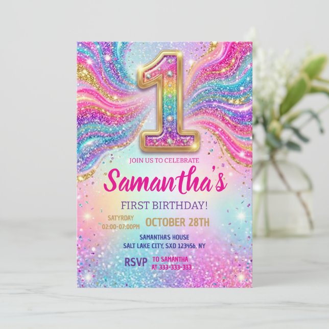 Invitación Rainbow Sparkle Glitter First Birthday Party (Anverso de pie)