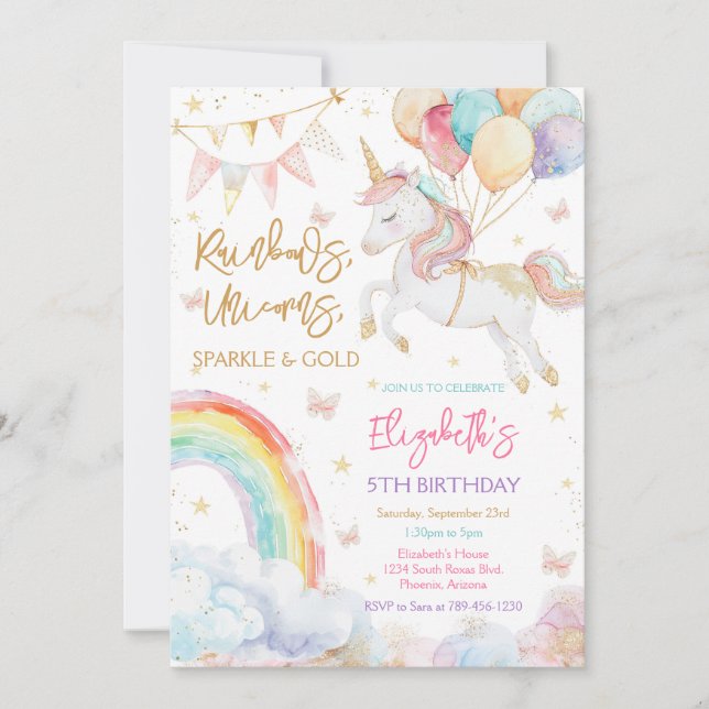 Invitación Rainbow Sparkle Unicorn Birthday Invitation (Anverso)