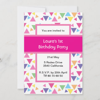 Invitación Rainbow Triangles 1st Birthday Party Pink