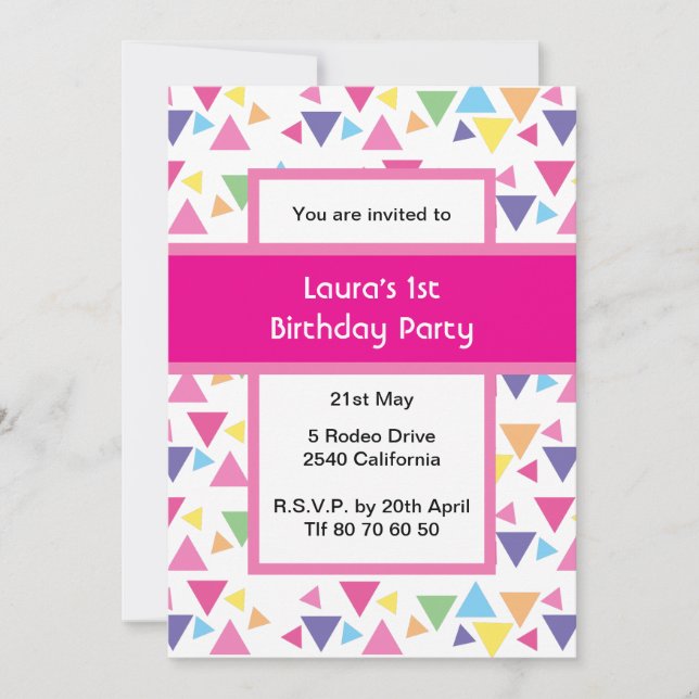 Invitación Rainbow Triangles 1st Birthday Party Pink (Anverso)