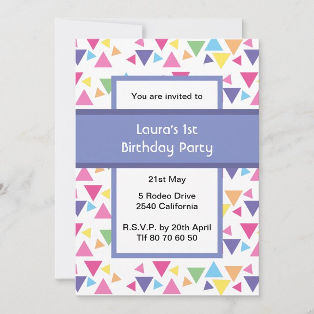 Invitación Rainbow Triangles 1st Birthday Party Purple (Anverso)