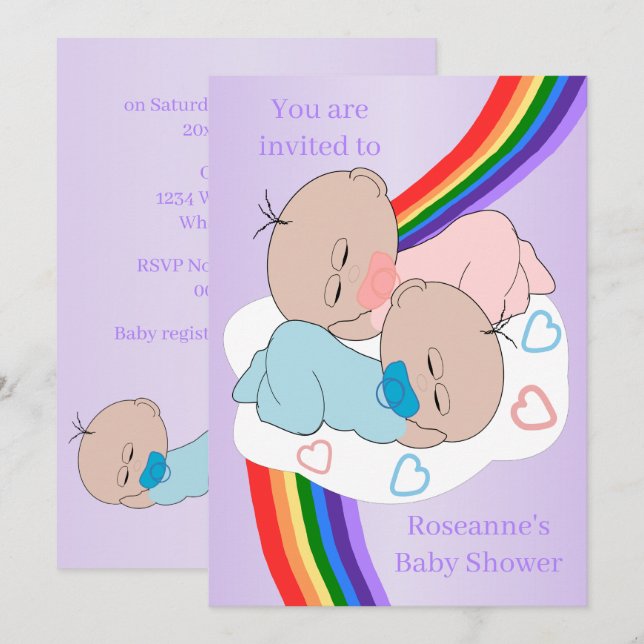 Invitación Rainbow Twin Baby Girl And Boy Baby Shower (Anverso / Reverso)