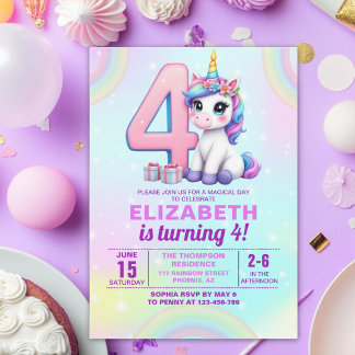 Invitación Rainbow Unicorn 4th Birthday for Girls”
