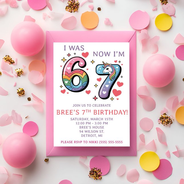 Invitación Rainbow Unicorn 67 Themed 7th Birthday Party (Subido por el creador)