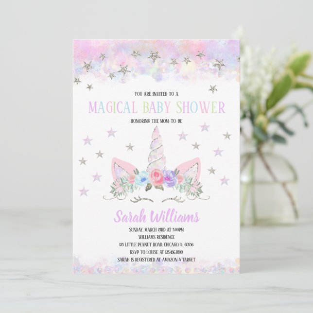 Invitación Rainbow Unicorn Baby Shower Invitation (Anverso de pie)