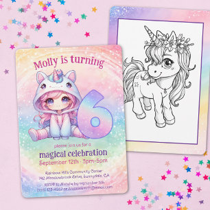 Invitación Rainbow Unicorn chibi niñita 6 años